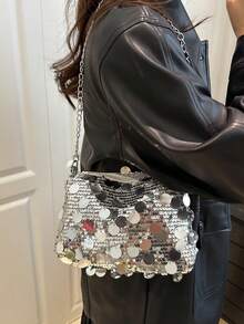Fashionable New Sequin Shoulder Bag, Versatile Chain Strap Small Square Bag For Women - Silver - View 2