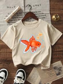 Tween Girls' Casual Apricot Printed Round Neck Short Sleeve T-Shirt, Summer Top - Apricot - View 4