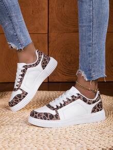 女士轻便系带低帮运动鞋 - 豹纹点缀休闲鞋，简约设计，适合跑步、步行和日常穿着，四季皆宜，时尚百搭的学生运动鞋 - 滑板鞋 - 训练鞋 - 棕色 - 查看 4