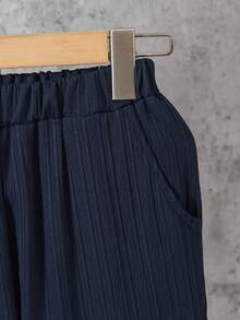 男童褶皱长袖衬衫套装（带口袋）和休闲裤套装（2件套），绅士风格，适合8-12岁儿童 - 藏蓝色 - 查看 6