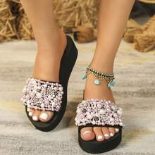 Sandal Jepit Minimalis Wanita, Sandal Pantai Kain Warna Polos dengan Aksen Kupu-kupu Berlian Imitasi, Sandal Selop Hak Platform Nyaman untuk Semua Musim - MultiWarna - View 11