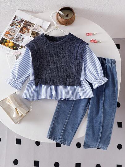 2 st. randig lapptäcke med rund halsringning och långärmad topp och denimbyxor för babyflickor, moderiktig och mångsidig för utflykter