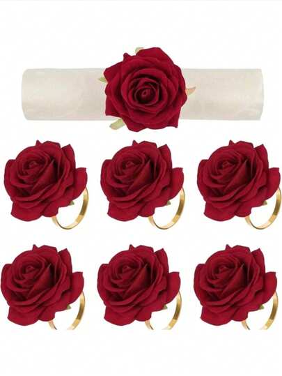1/6個 バレンタインデー ナプキンリング、レッドローズ ナプキンホルダー、ウェディング ナプキンリング、再利用可能な金属製ナプキンリング、家族の集まり、バンケット、ホテル、バレンタインデーパーティーに適しています(バレンタインデーパーティー用品)