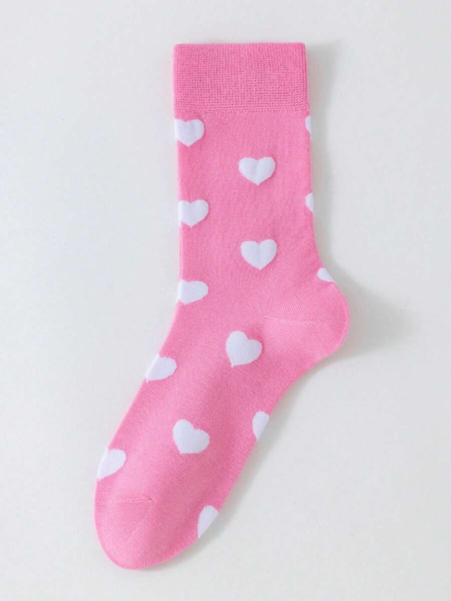 1 Pair Pink & White Heart Pattern Mid-Calf Socks, Soft & Fashionable Women's Socks, Suitable For Valentine's Day Gift And Daily Wear - Multicolor - View 1