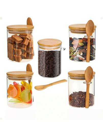 Kit 6 Potes Vidro 200ml Tampa Hermética De Bambu + 6 Colher