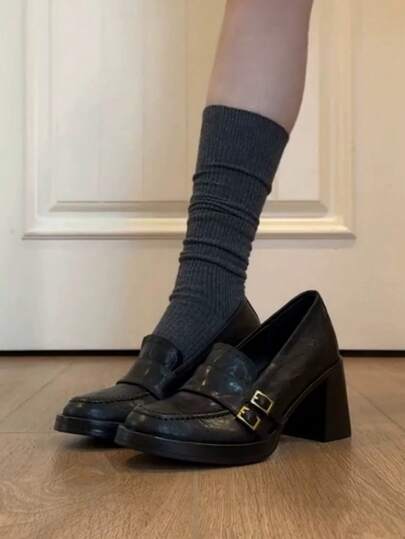 8cm Platform Chunky Heel Loafers | Retro Soft Leather High Heel Shoes, British Style Slip-On Leather Shoes