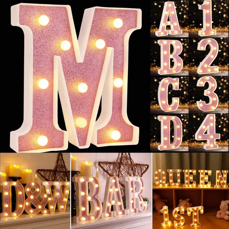 1个LED发光字母/数字灯，粉色发光字母，电池供电闪烁字母灯，适用于派对、求婚、婚礼、餐桌、墙面装饰、生日、客厅、卧室装饰 [不含电池] - 暖白色 - 查看 1
