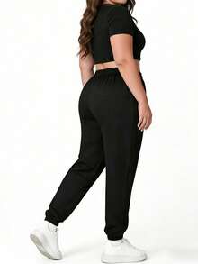 大码女式纯色运动裤，松紧腰带抽绳，拉链口袋，适合瑜伽、跑步、健身、秋季/春季 - 黑色 - 查看 5