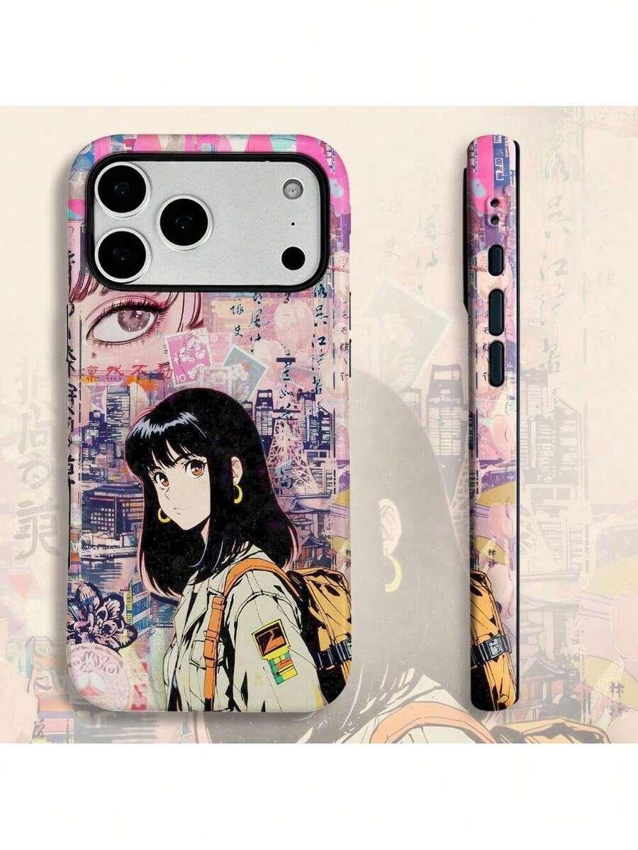 Funda de teléfono SamsungA 1pc Anime Girl con impresión de fondo de ciudad, hecha de una carcasa protectora duradera de PC+ dos en uno.Su diseño robusto de doble capa ofrece excelente protección contra caídas y resbalones, compatible con iPhone 17/16/15/14/13/12/11 Pro y 17 P. - Blanco - Ver 1