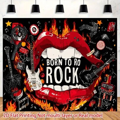 2D Flat, 1 Pc Rock Party Backdrop - Eye-Catching Music-Themed Gathering Polyester Banner With Guitar And Microphone Design, Red Lips And Flames Artwork Indoor/Outdoor Decor, Photo Booth, Home Wall Art, Themed Events, Music Room Decor, Event Decorations