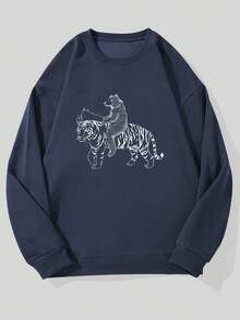 Sudadera Casual de Cuello Redondo con Patrón de Oso Montando Tigre para Hombre - Azul Marino - Ver 1