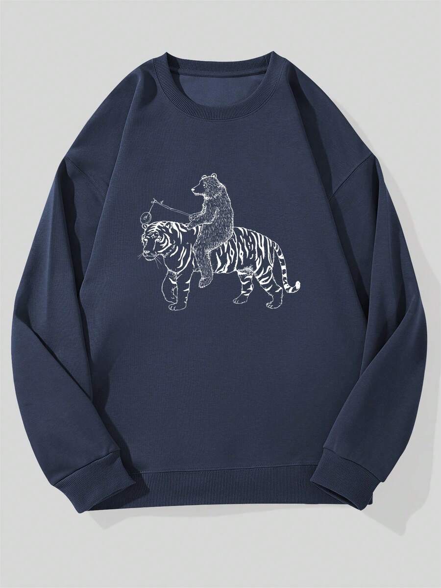 Sudadera Casual de Cuello Redondo con Patrón de Oso Montando Tigre para Hombre - Azul Marino - Ver 1