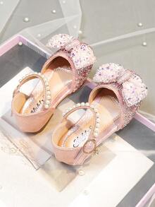 1 Pair Girls' Sweet Princess Bow Rhinestone Summer Sandals, Casual Versatile Flat Slide Sandals, Suitable For Toddler, Little, And Big Kids - Pink - View 3