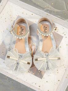 1 Pair Fashionable & Elegant Girls Princess Bow Rhinestone Summer Sandals, Casual Versatile Flat Slip-On Beach Shoes, Suitable For Toddler, Little & Big Kids - Silver - View 2