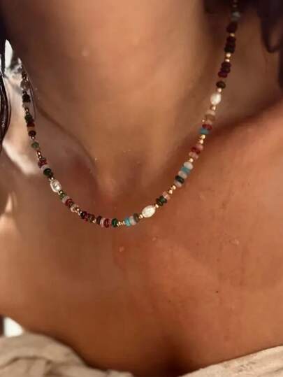 Bohemian Style Natural Stone & Faux Pearl Necklace, Multi-Layer Bracelet, Suitable For Casual Wear Or Gift, Boho Jewelry | Vivid Bead Design | Natural Stone Beads