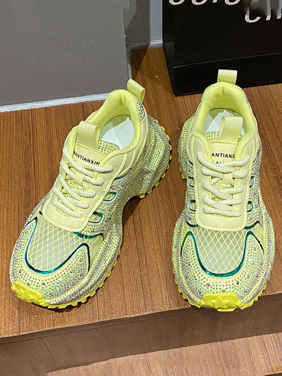 2025 New Starry Rhinestone Thick Sole White Sneakers For Women, Fashionable Elevated Casual Running Shoes, Ins Style - Yellow - View 1