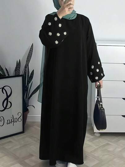 Women's Long Sleeve Dress, Loose Floral Embroidered Abaya Robe, Suitable For Spring/Summer, Middle East/Arabic Dubai