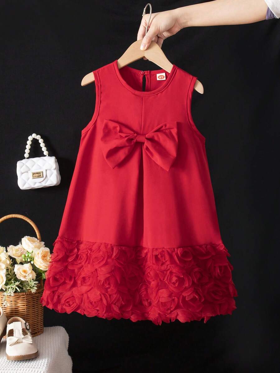 1件女童公主连衣裙，夏季时尚蝴蝶结玫瑰花图案无袖背心裙 - 紅色 - 查看 1
