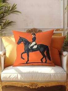 2pcs Fashionable & Comfortable Pillow Covers With Simple Vector Illustration Of Equestrian Rider On Black Horse, Made Of Hypoallergenic Polyester Fabric, Hidden Zipper, No Filling, Suitable For Home Decor, Living Room, Throw Pillow, Cushion Cover, Sofa Decorative Pillow, Home Decor, Pad Cover, Soft Pad. - Multicolor - View 3
