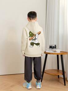 1pc Tween Boy Casual Printed Pullover Sweatshirt, Thermal Lined, Long Sleeve, Autumn/Winter, Student/Youth Clothing - Apricot - View 2