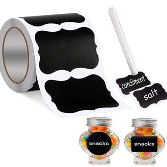 1/3 لفة (كل لفة تحتوي على 120 ملصق) ملصقات بطاقات بطاقات زجاجية بطباعة السبورة، ملصقات قابلة لإعادة الاستخدام مقاومة للماء باللون الأسود، ملصقات بشكل متموج لتنظيم المطبخ والمخزن، مناسبة للحاويات والزجاجات والتوابل وتخزين الأطعمة
