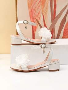 1 Par de Sandálias de Salto Alto Elegantes de Tecido Floral, Sapatos de Dança de Salto Alto para Meninas, Sandálias para Apresentação e Uso Diário de Estudantes, Sapatos de Casamento