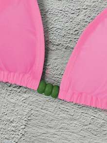 Polovedo 官方新款春夏优雅性感休闲纯色酒红色系带女士比基尼泳衣，适合海滩度假派对约会 - 粉色 - 查看 2