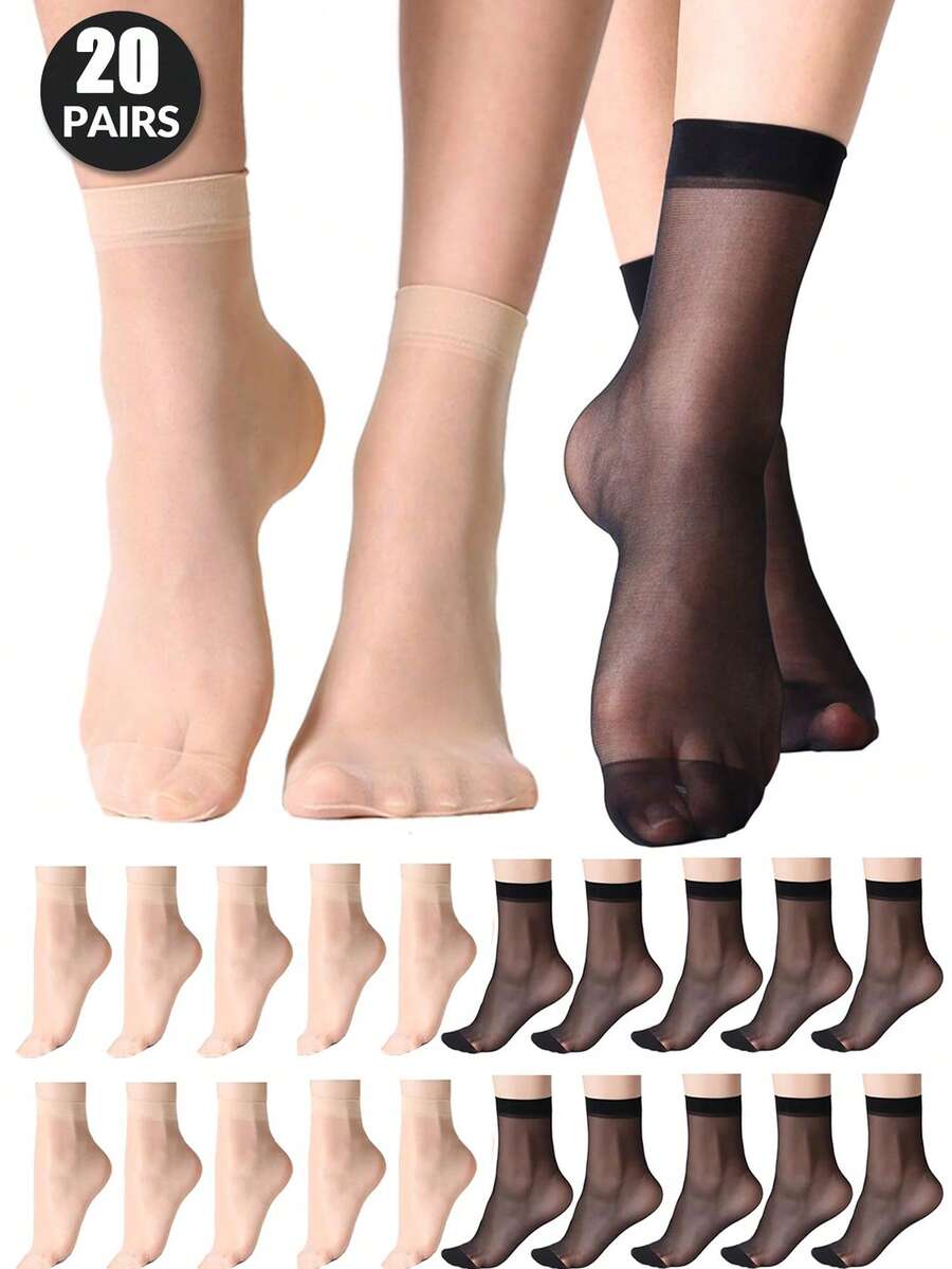 20 de perechi de șosete scurte transparente pentru femei, negre și culoarea pielii, șosete ușoare de primăvară/vară, șosete scurte casual transparente (fără carton) - Bej - Vizualizare 1