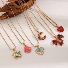1件不锈钢珐琅蝴蝶花朵吊坠项链，简约心形吊坠项链，时尚日常佩戴饰品 - 彩色 - 查看 3