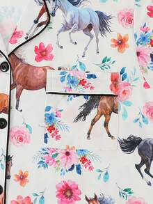 3 piezas Conjunto de pijama de mujer, manga corta, pantalones cortos y pantalones, pijama casual con solapa y botones, patrón de pareja de animales de dibujos animados de caballos, cómodo y holgado, adecuado para todas las estaciones, ropa de casa, regalo del Día de San Valentín - Blanco - Ver 4