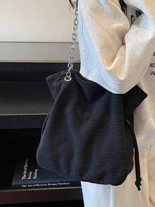 秋冬新款灯芯绒简约大容量单肩手提包，女士适用，适合外出、旅行，可装笔记本电脑和衣物 - 黑色 - 查看 5