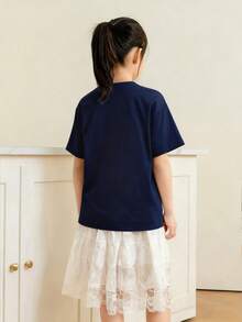 Tween Girls' Casual Pink Graphic Print Crew Neck Short Sleeve T-Shirt, Summer Top - Navy Blue - View 3