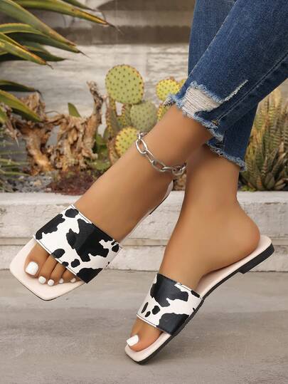 Summer New Cow Print Sandals For Women, Square Toe Strap Retro Casual Slip-On Flat Slippers