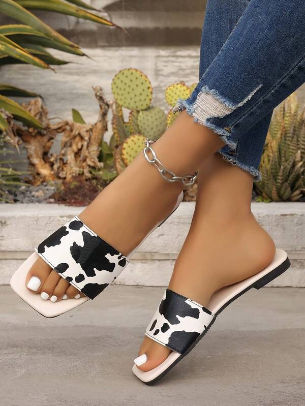 Summer New Cow Print Sandals For Women, Square Toe Strap Retro Casual Slip-On Flat Slippers