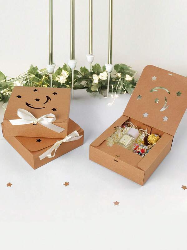 10pcs Minimalist Hollow Square Star & Moon White Bow Gift Boxes, Foldable Square Gift Packaging Boxes