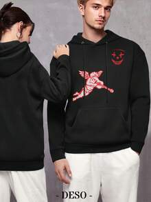 Red Angel With Guitar Graphic Print Hoodie Casual Unisex Sweatshirt Men And Women Soft Breathable Fleece Lined Hoodie Birthday Party Wear Comfortable Streetwear Style Design With Face Detail Everyday Wear And Special Occasions - Black - View 2