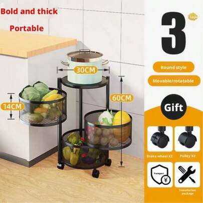 Kitchen Vegetable Rack With Wheels, Multi-Layer Floor-Standing Round Movable Fruit Basket, Round Frame Storage Rack