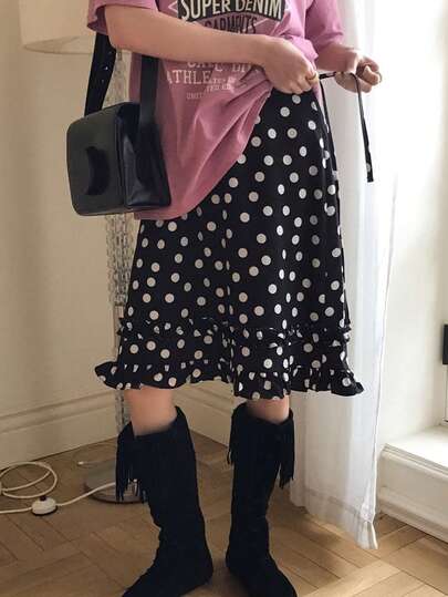 Vintage Polka Dot Ruffle Hem Tie-Up Waist Skirt, Youthful & Versatile, New Arrival Early Autumn Korean Style