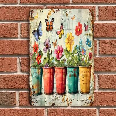 1pc Vintage Tin Plate Wall Decor, Colorful Flower Pot, Floral & Butterfly Pattern, Living Room, Garden, Outdoor Wall Hanging, Home Decorative Art, Distressed Iron Crafts