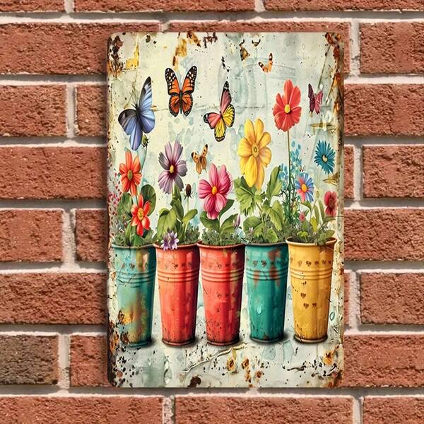 1pc Vintage Tin Plate Wall Decor, Colorful Flower Pot, Floral & Butterfly Pattern, Living Room, Garden, Outdoor Wall Hanging, Home Decorative Art, Distressed Iron Crafts