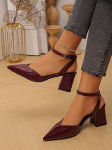 女士优雅尖头粗跟凉鞋，纯色，适合西式婚礼，性感又不失精致 - 酒紅色 - 查看 3