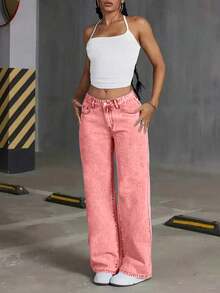 Women's Loose Fit Straight Leg Pockets Casual Jeans Spring - Hot Pink - View 5