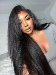 卷曲直发假发，真人混纺发丝，13x4高清透明蕾丝前假发，真人混纺发丝，预先拔毛，带婴儿发，Yaki直发前假发，女士款，180密度真人混纺发丝假发，无胶巴西原生发，8-36英寸，自然黑 - 自然色&黑色系 - 查看 3