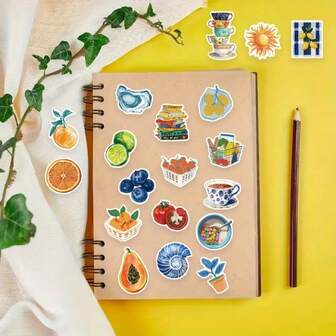 50张复古插画食物贴纸套装 - 色彩缤纷的水果、蔬菜和甜点图案，适用于笔记本电脑、滑板、手机壳、自行车 - 一次性使用，PVC材质，YWWBLD品牌，自行车配件 | 生动插画 | 耐用贴纸，水果装饰
