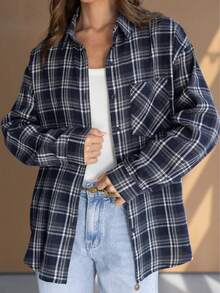 Women's Casual Long Sleeve Plaid Shirt, Fashion Drop Shoulder Long Sleeve With Pockets, Loose Blouse Spring - Dark Blue - View 9