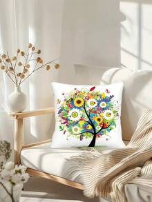 1pc Floral & Tree Print Decorative Pillow Cover, Colorful Flower Cushion Cover For Sofa, Chair, Bedroom, Living Room - Multicolor - View 6
