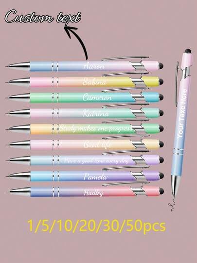 1/5/10/20/30/50pcs Customized Text Logo Metal Gradient Color Touch Screen Ultra-Thin, Press-Type Metal Aluminum Rod Touch Screen Ballpoint Pen, Personalized Luxury Striped Gradient Gift Pen, Advertising Ballpoint Pen Metal Touch Screen Pen Engraved Personalized Wedding Gift, Inspirational Pen Employee Incentive Pen, Teacher Gift, Company Gift, Student Gift, Customized Wedding Gift, Colleague Gift, Halloween Gift.