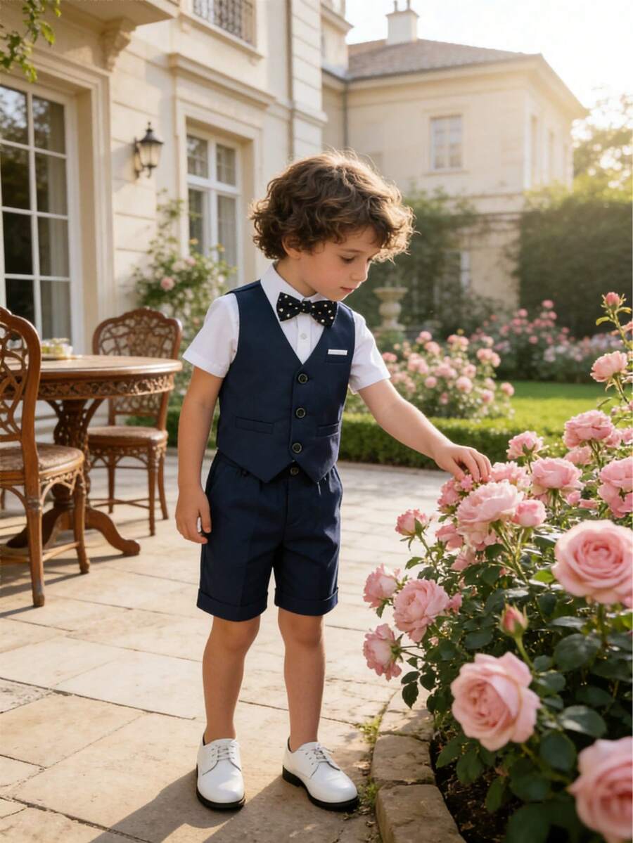3pcs Boys Casual Gentlemen Suit Set: Solid Vest + Shorts + Bow Tie, Summer - Navy Blue - View 1