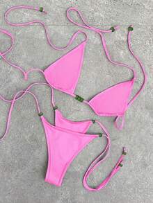 Polovedo 官方新款春夏优雅性感休闲纯色酒红色系带女士比基尼泳衣，适合海滩度假派对约会 - 粉色 - 查看 1