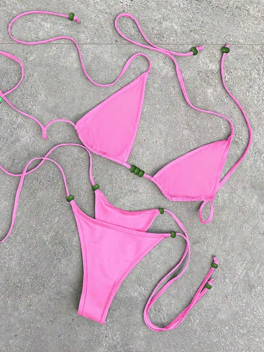 Polovedo 官方新款春夏优雅性感休闲纯色酒红色系带女士比基尼泳衣，适合海滩度假派对约会 - 粉色 - 查看 1